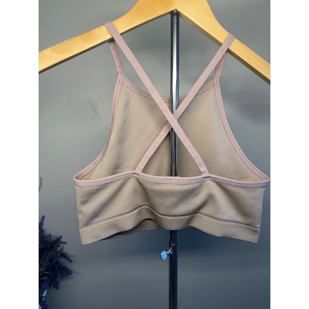 Nike Dri-FIT Seamless Ribbed High Neck Cross Back Crop Top Taupe DV9966-272 S - Picture 2 of 4